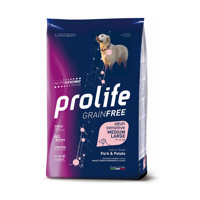 Crocchette per cani Prolife sensitive grain free sensitive manzo e patate  adult medium/large nutrigenomic 10 Kg