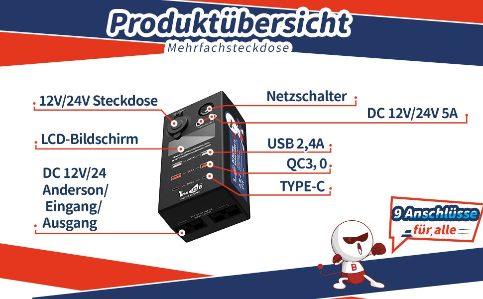 Timeusb 9-In-1 12V24V DC Batterie-Steckdose mit QC 3,0 Schnellladeansc –  Timeusb-DE