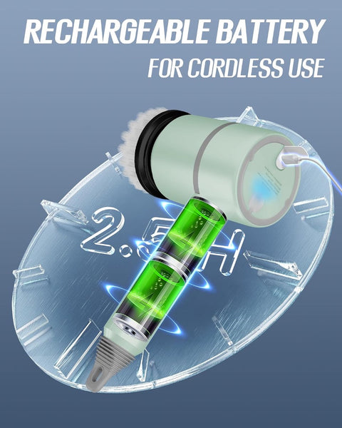 A green rechargeable battery with a clock indicating 2.5 hours of charging time is shown alongside an Electric Cleaning Brush - Household Appliances Gadget. The text reads "USB RECHARGEABLE BATTERY FOR CORDLESS USE by The Stuff Box.