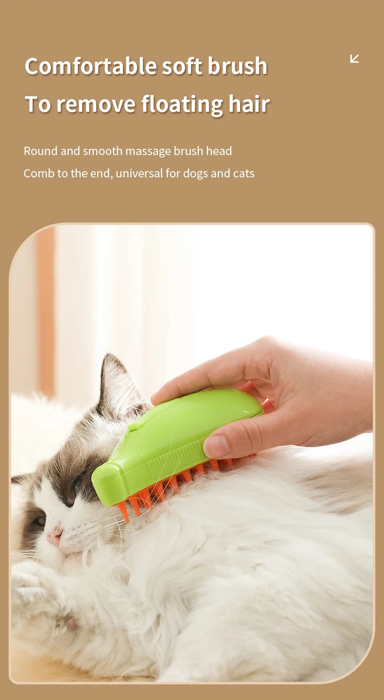 A person uses a green brush to groom a white and brown cat. Text on image reads: "Comfortable soft brush to remove floating hair. Round and smooth massage brush head. Comb to the end, universal pet grooming tool for dogs and cats - 3-in-1 Electric Pet Grooming Brush - Cat Steam Brush for Massage, Hair Removal, and More! by The Stuff Box.