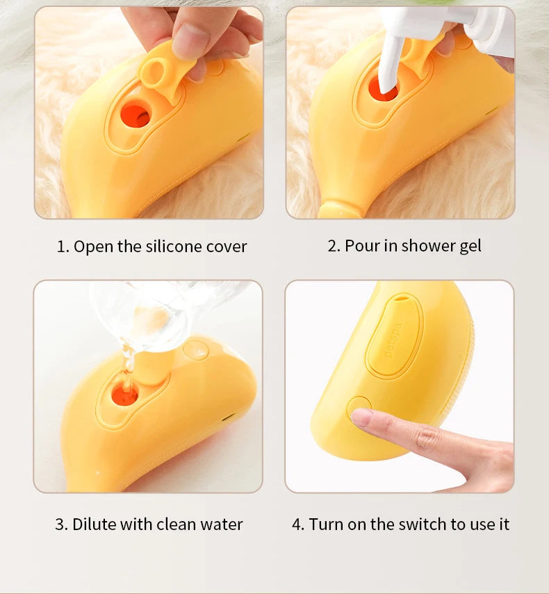 Step-by-step instructions for using the yellow pet grooming tool: 1. Open the silicone cover. 2. Pour in shower gel. 3. Dilute with clean water. 4. Turn on the switch to use The Stuff Box's 3-in-1 Electric Pet Grooming Brush - Cat Steam Brush for Massage, Hair Removal, and More! efficiently on your furry companion.
