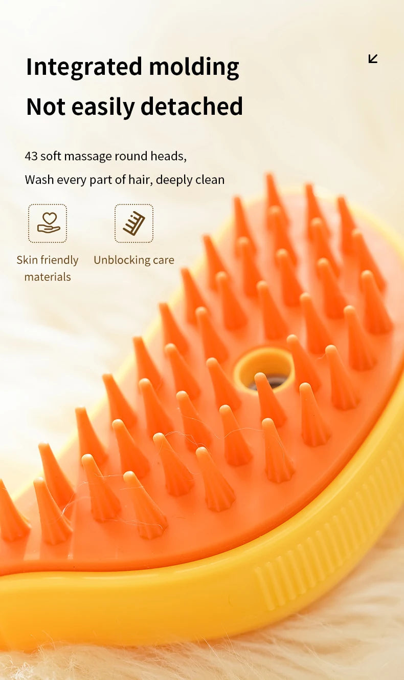 Close-up of an orange, semi-circular hairbrush with 43 soft massage round heads. Text on image highlights features: integrated molding, not easily detached, skin-friendly materials, and unblocking care. This The Stuff Box 3-in-1 Electric Pet Grooming Brush - Cat Steam Brush for Massage, Hair Removal, and More! is a perfect pet grooming tool to keep your furry friend's coat in top condition.