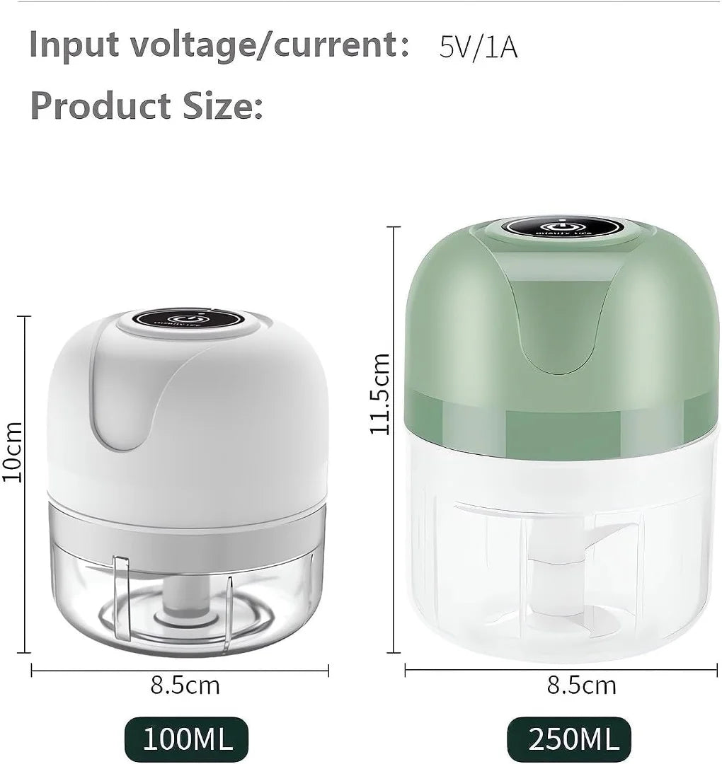 Image showing two durable kitchen gadgets of different sizes. The white *Electric Garlic Chopper - Portable USB Food Processor for Kitchen Gadget* by The Stuff Box on the left is 100ML and measures 8.5cm by 10cm, while the green one on the right is 250ML and measures 8.5cm by 11.5cm. The input voltage/current is 5V/1A.