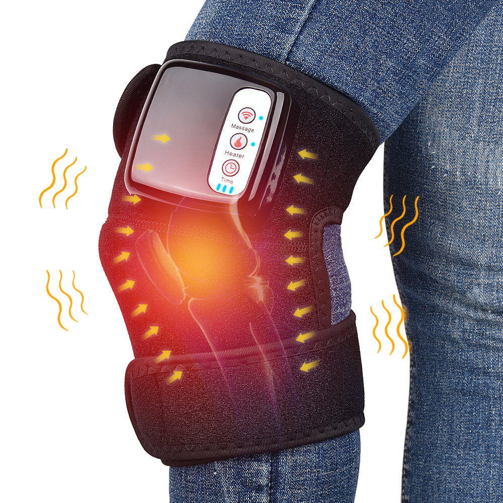 Electric Infrared Heating Knee Massager for Joint Pain Relief designed for knee pain relief, with integrated heating function and remote control, illustrating pain relief areas.