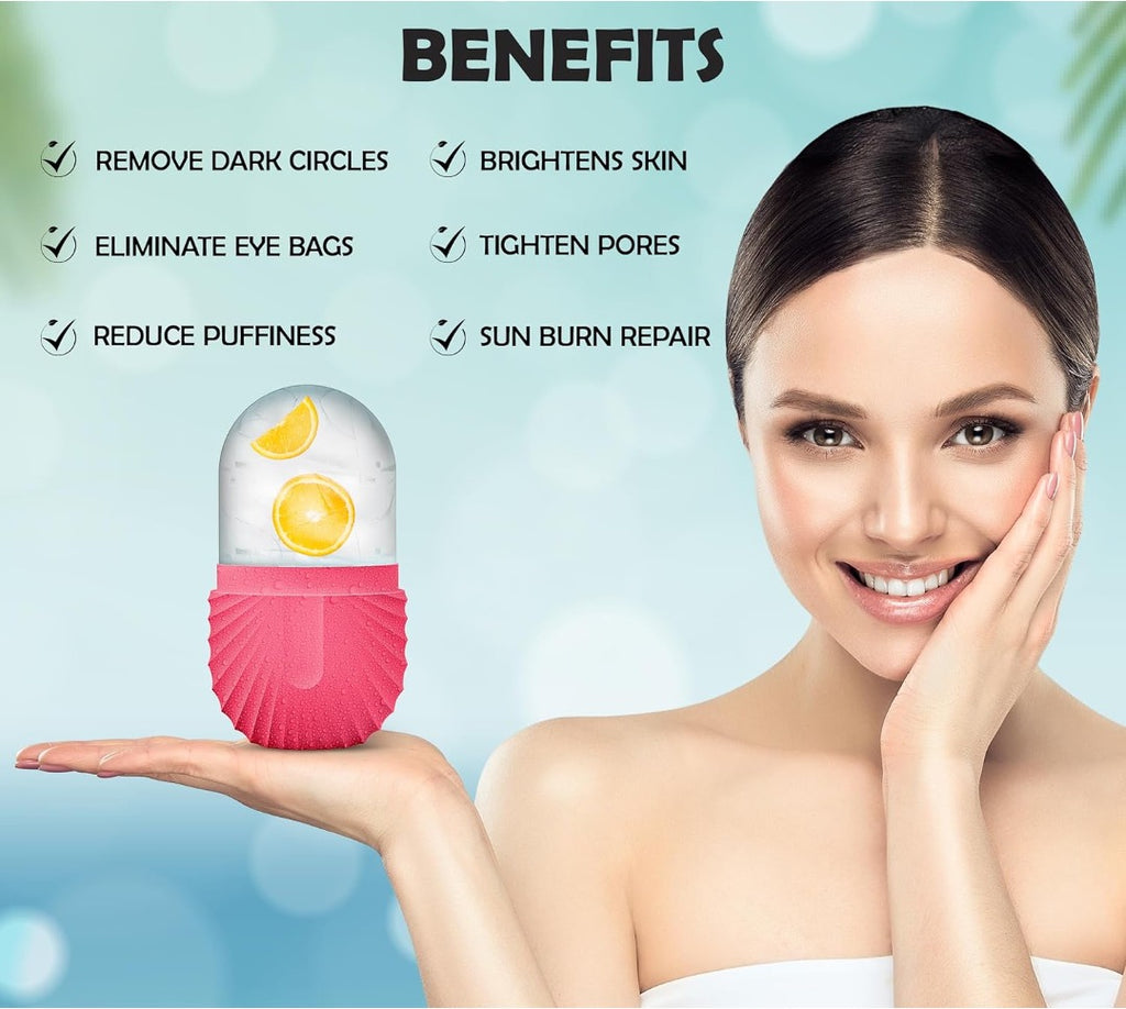 A smiling woman holds a skincare product with several benefits listed, including reducing puffiness, eliminating eye bags, brightening skin, tightening pores, and sunburn repair. For an added cooling sensation, pair it with The Stuff Box Facial Ice Roller for Skin Care - Beauty Lifting Contouring Tools Face Massager to enhance the experience and results.