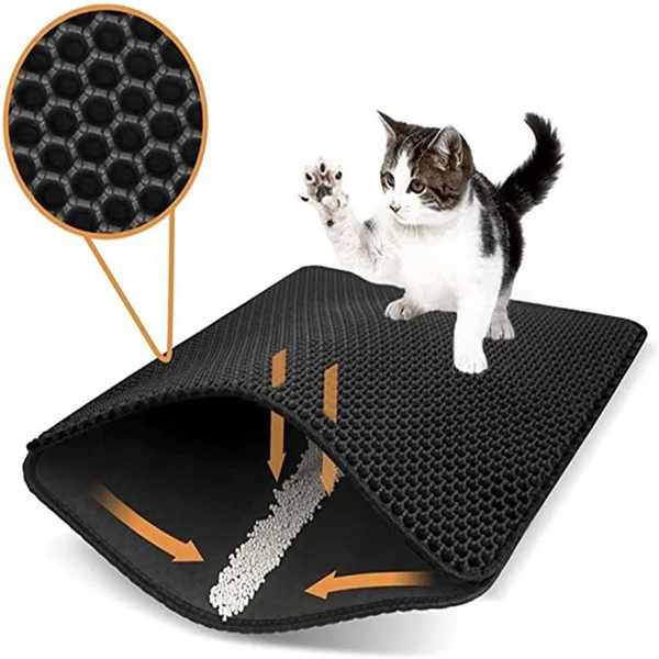 A cat steps onto a black honeycomb-patterned The Stuff Box Waterproof Cat Litter Mat designed to trap litter, with a close-up inset showing its cat-friendly material and arrows indicating the Double Layer Design effectively collects litter inside.