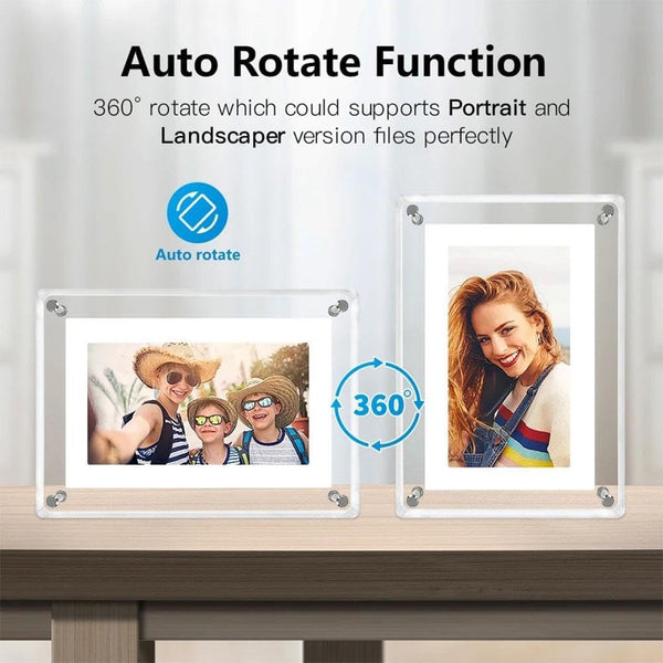 The Stuff Box Premium Acrylic Digital Photo Frames on a table showcase their versatile display options by rotating 360 degrees, effortlessly supporting both portrait and landscape orientations. The high-resolution IPS screen ensures vivid image quality, while text overlay highlights the auto rotate function.