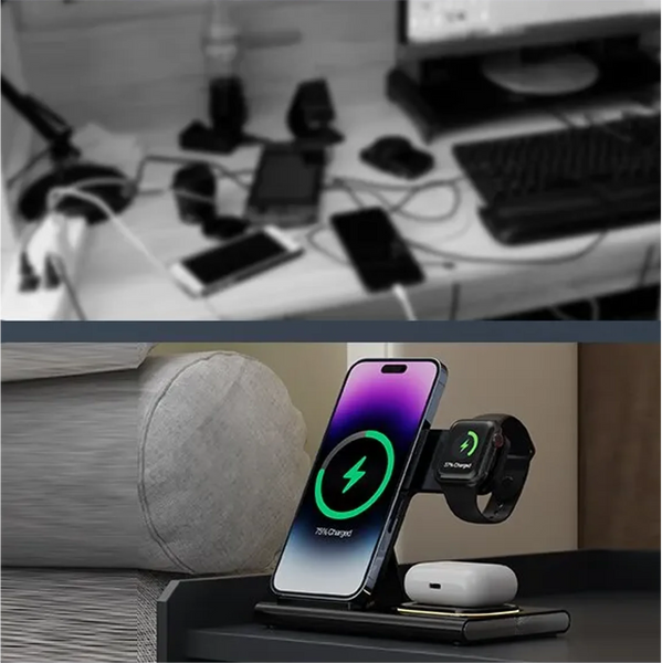 A 4 in 1 Wireless Charging Station for iPhone/Samsung by The Stuff Box powering a smartphone to 75%, a smartwatch to 37%, and wireless earbuds, demonstrating versatile compatibility for all your devices.