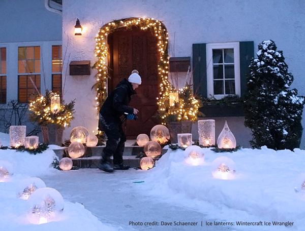 Dave Schaenzer's photo of the house front with ice luminarias arranged by the Ice Wrangler of Wintercraft