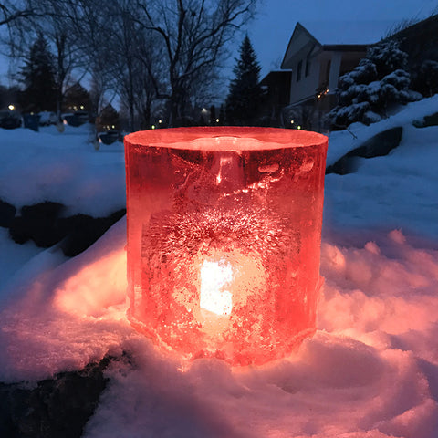 Bucket Ice Lantern lit with red LED light