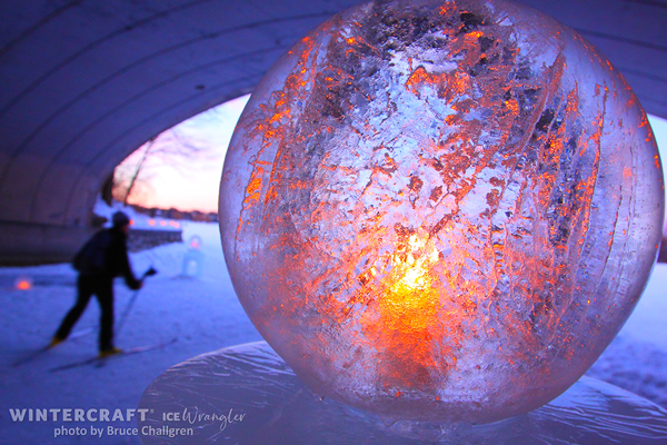 Sun etched Globe Ice Lantern by Ice Wrangler photo by Bruce Challgren