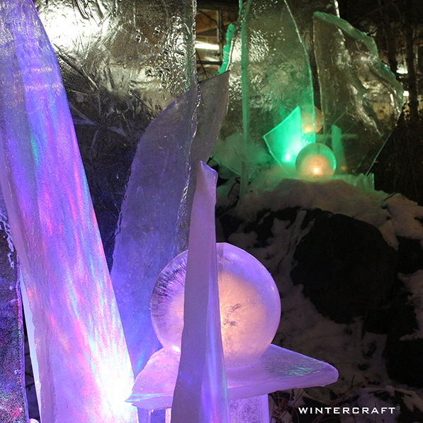 Wintercraft Luminary Ice Art Installation at REI flagship store in Bloomington, MN lit with LED lights and candles