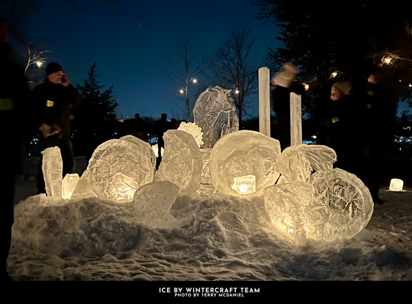 Terry McDaniels photo of the Wintercraft Team's community ice installation in the 2023 Luminary Loppet's Enchanted Forest.