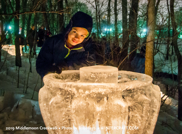 Photo with large textured ice lantern at Middlemoon Creekwalk 2019