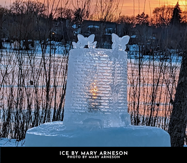 Mary Arneson's Butterfly Ice Lantern at the 2023 Luminary Loppet's Enchanted Forest