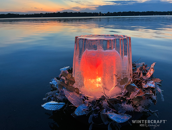Ice luminary made with the new Wintercraft Fluted Ice Luminary Mold and lit with LED lights