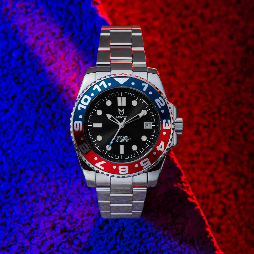 red blue and silver watch