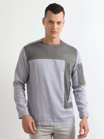 Buy ash double pocket twill back printed shirt-North Republic