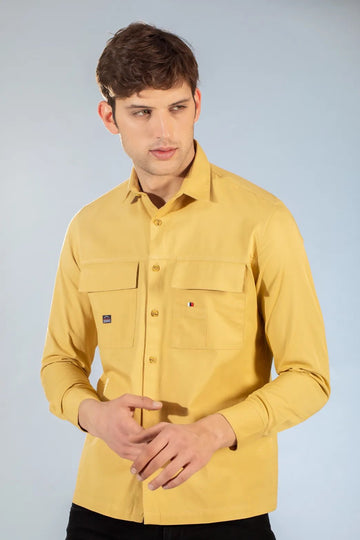 Yellow Classic Fit Double Pocket Shirt in Heavy Twill Cotton