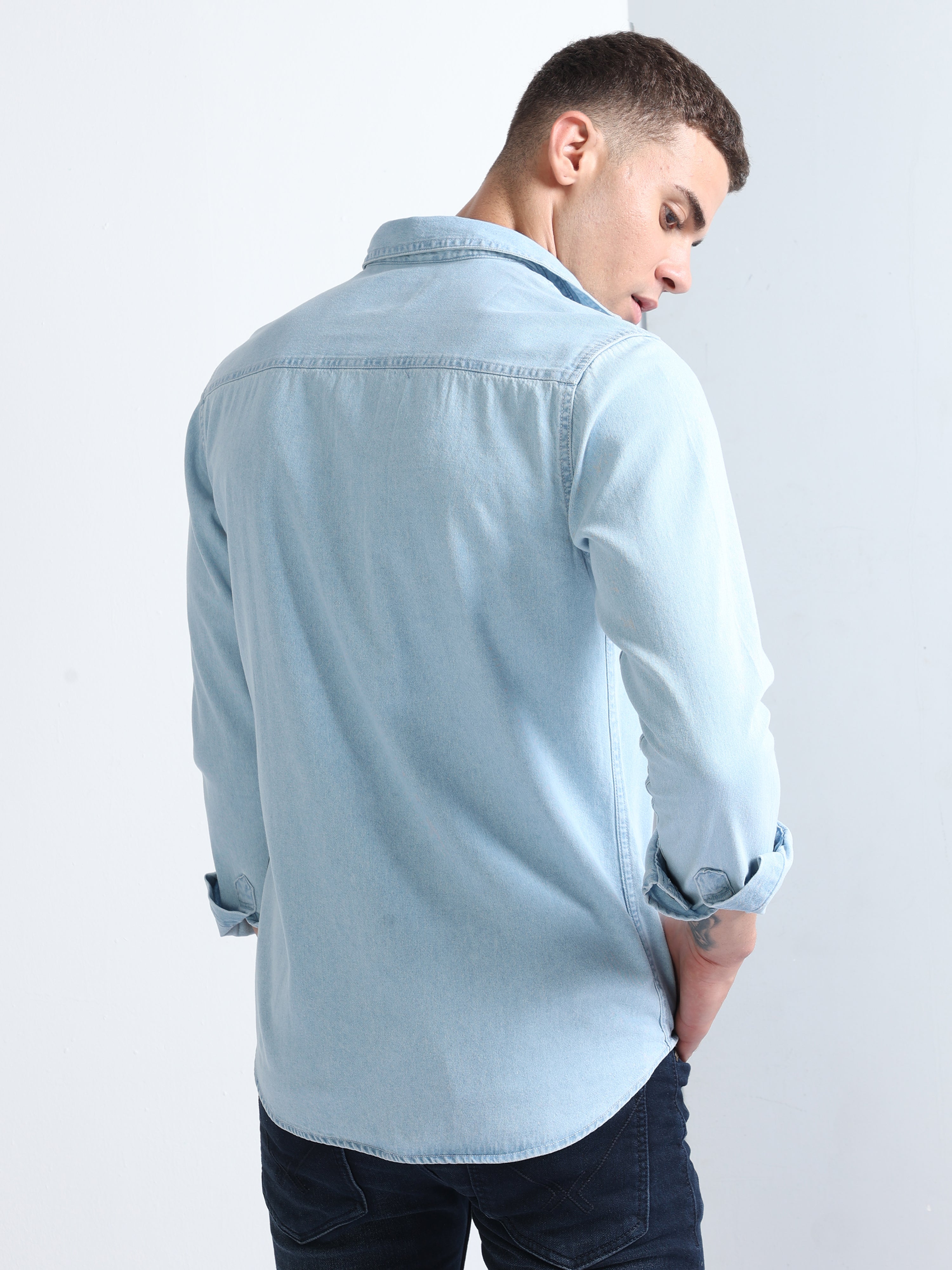 Mens Long Sleeve Double Pocket Denim Shirts CW114303