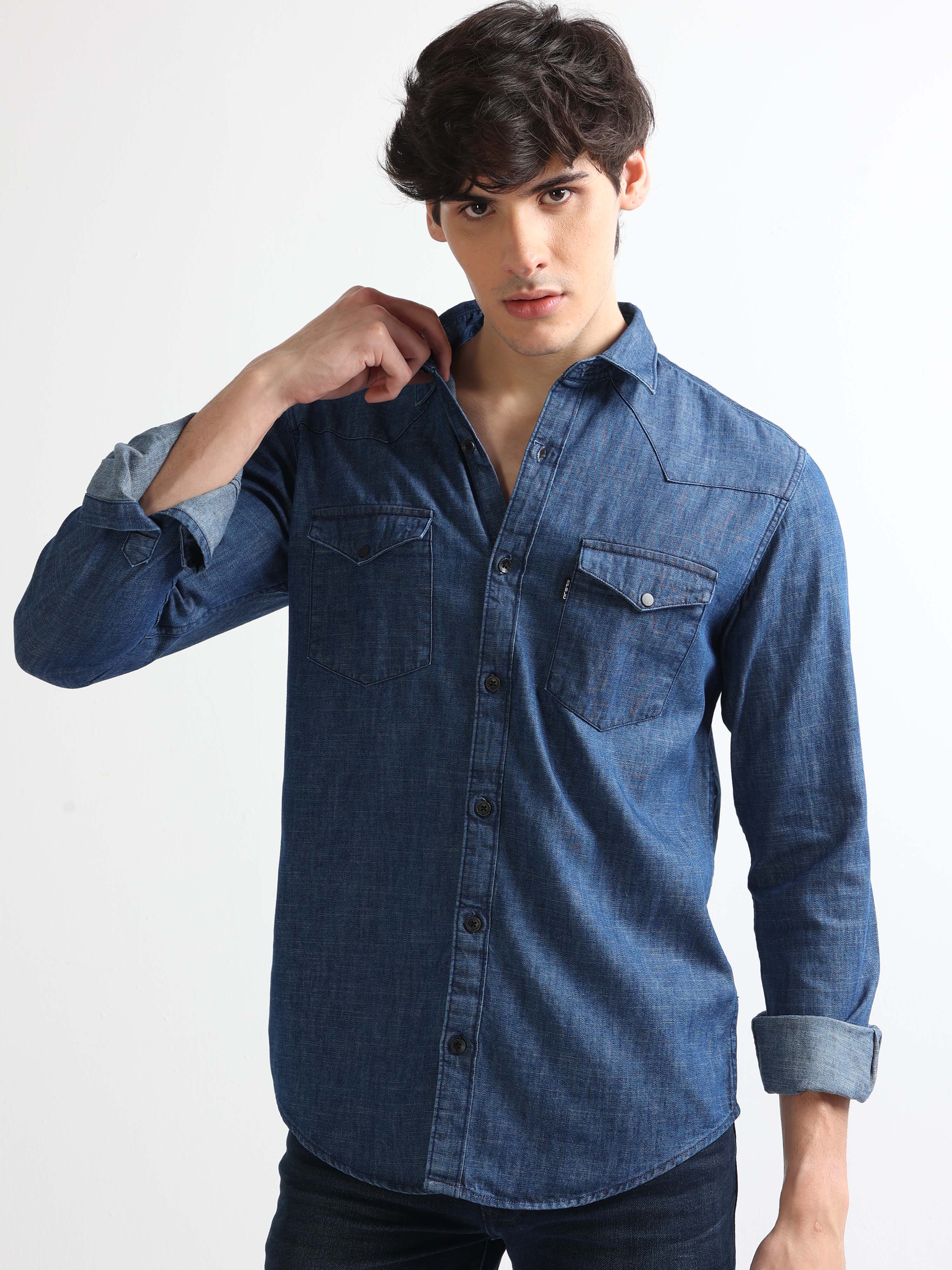 Men Long Sleeve Denim Shirt Double Pocket Button Down Western Cowboy Blouse  Top | eBay