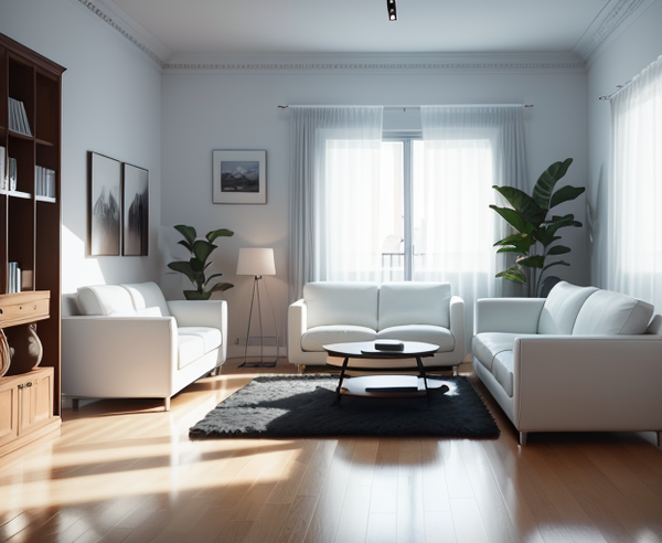 A refined living room with white walls and light furniture