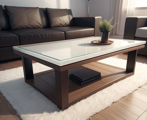 Glass coffee table in the middle of a living room