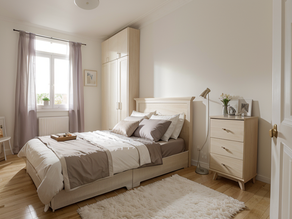 Petit tapis blanc avec une parure de lit beige et blanche