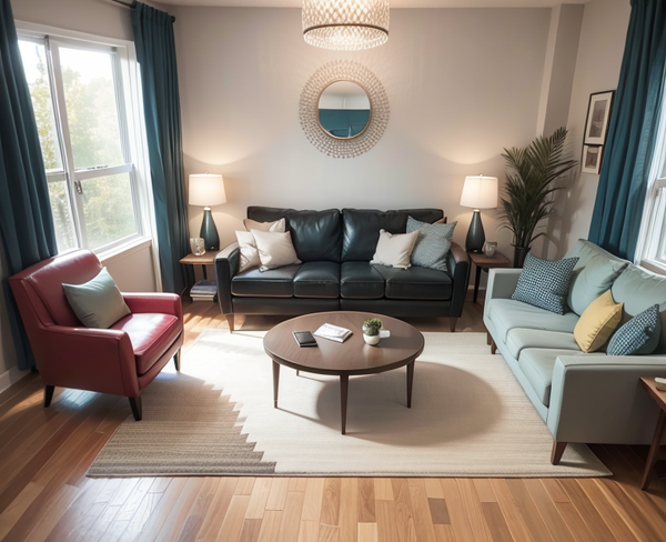 living room with a geometric patterned rug