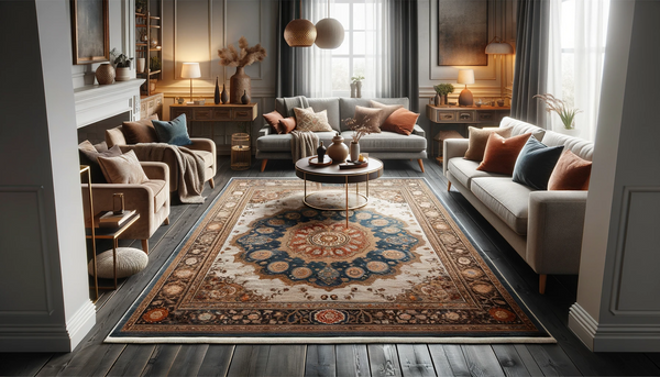 Salon élégant avec un tapis parfaitement assorti au mobilier et à la décoration, illustrant l'impact d'un choix judicieux de tapis pour créer une atmosphère accueillante et raffinée.