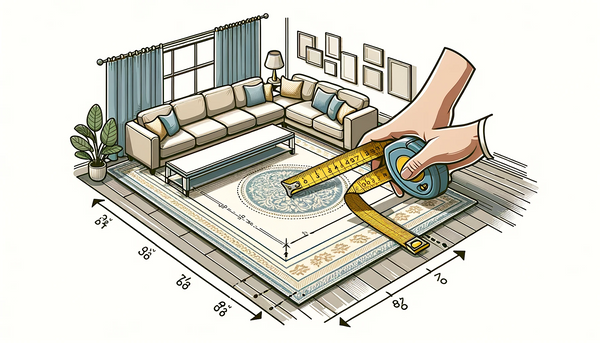 Illustration détaillée d'une personne mesurant un salon pour déterminer la taille idéale d'un tapis, avec des guides visuels indiquant le placement optimal du tapis en fonction de l'agencement des meubles.