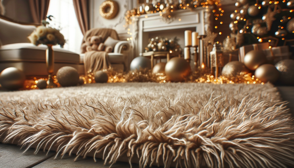 Luxueux tapis beige à poils longs dans un salon festif avec d'élégantes décorations pour le Nouvel An.