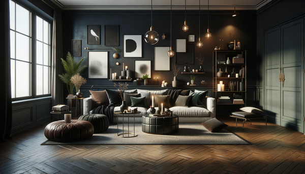 Salon élégant qui intègre des couleurs sombres pour créer un espace chaleureux et accueillant