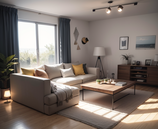 Minimalist living room with cushions and a lamp as the only decorations