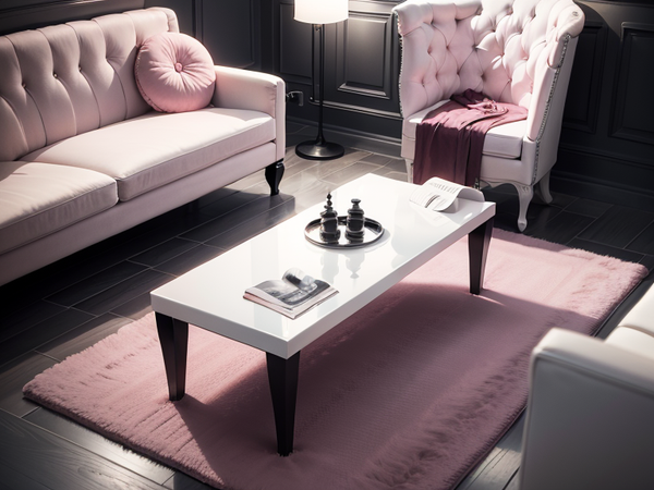 A pink carpet in a modern white living room, black furniture, gray chair,