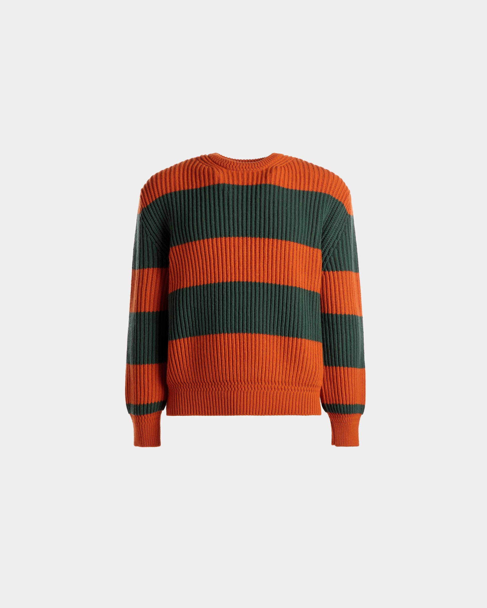 Men's Striped Crew Neck Sweater In Orange And Kelly Green Wool | Bally | Still Life Front