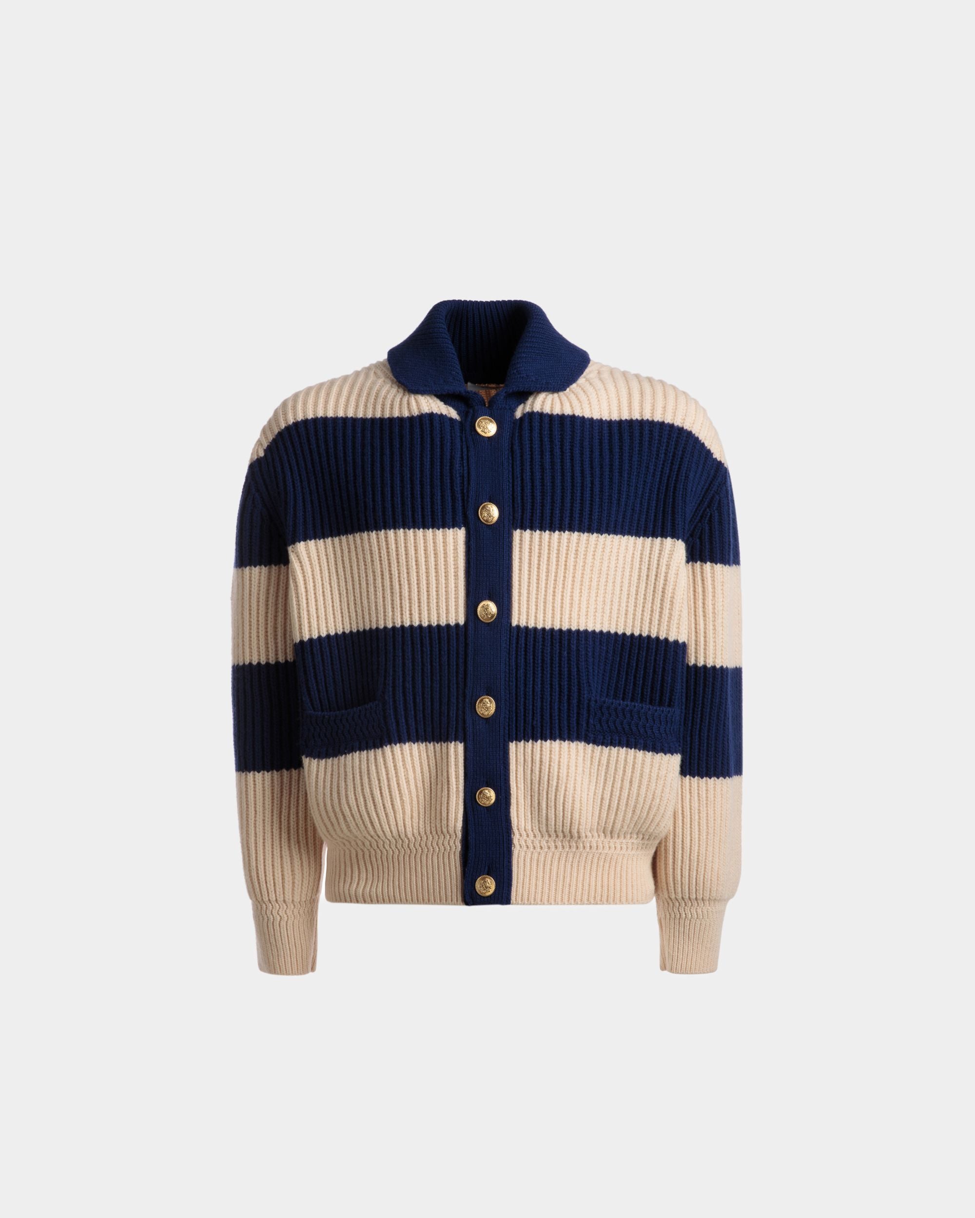 Men's Striped Cardigan In Bone And Marine Wool | Bally | Still Life Front