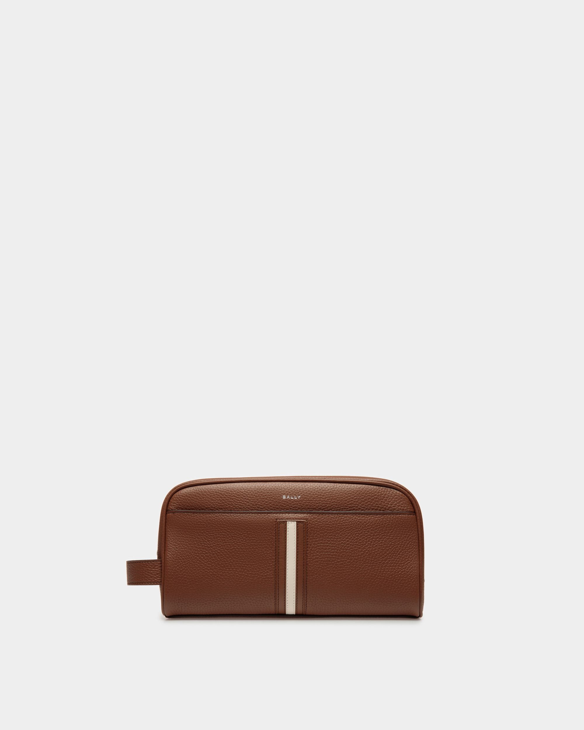 Ribbon Toiletry Bag | Men's Dopp Kit | Brown Leather | Bally | Still Life Front