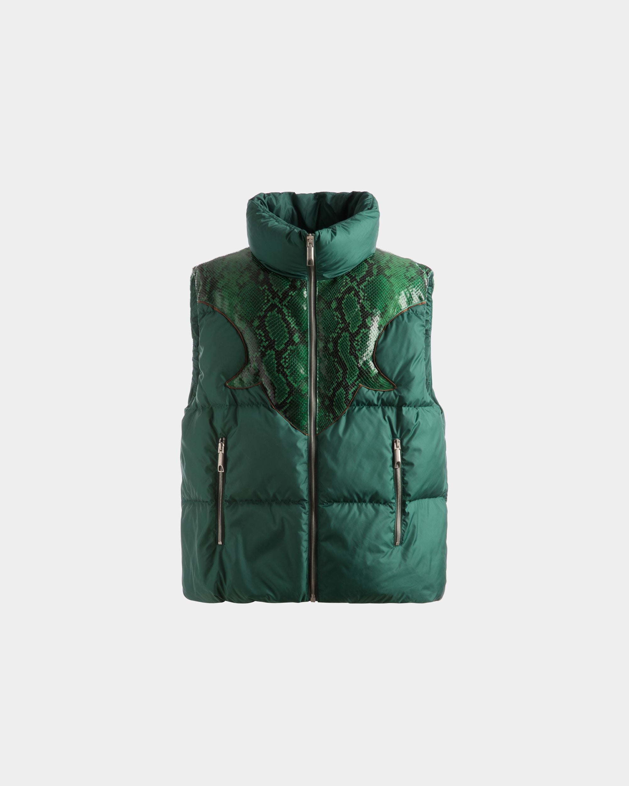 High Neck Puffer Jacket | Kelly Green Nylon | Bally | Still Life Front