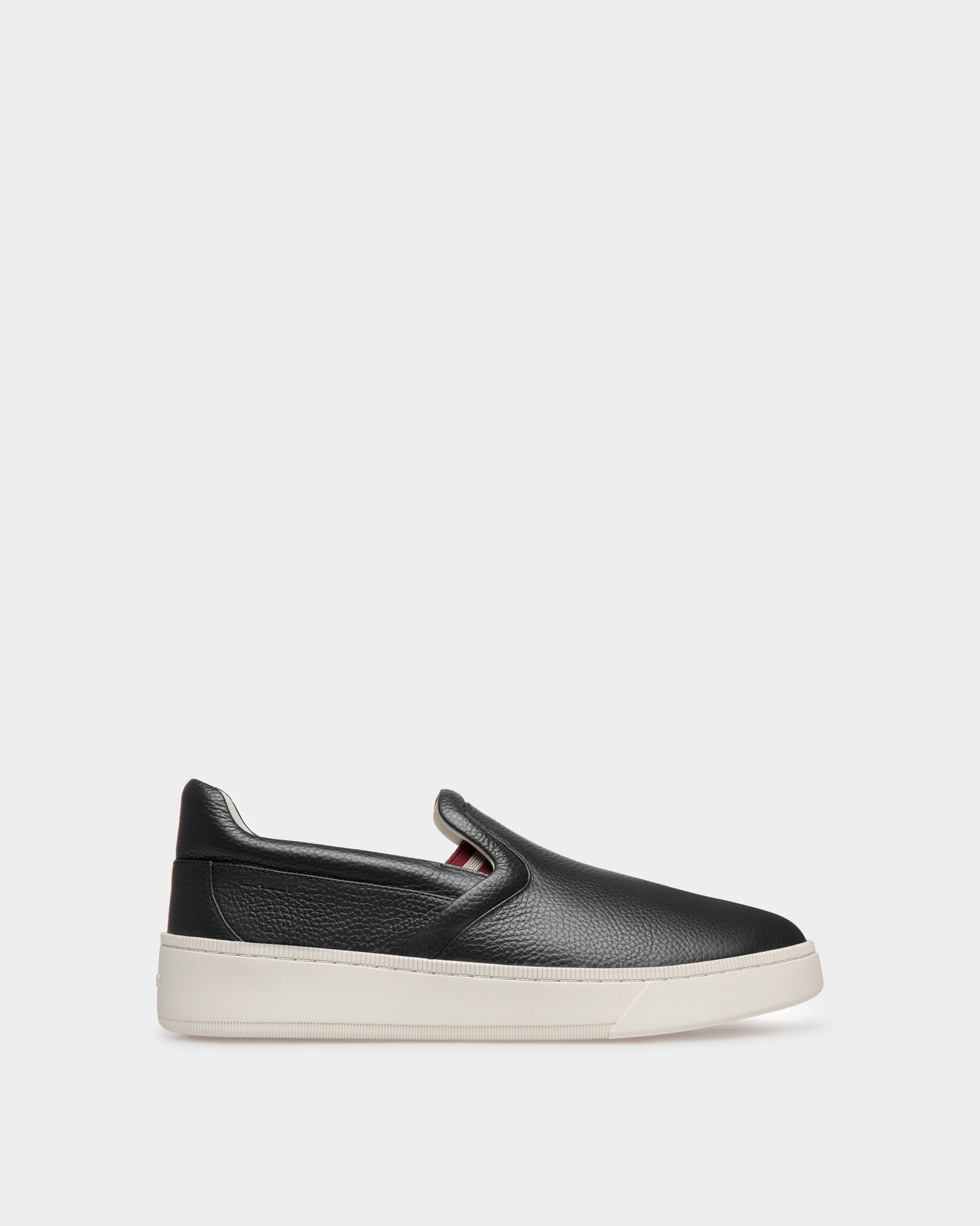 Raise | Men's Slip-On Sneaker in Black Grained Leather | Bally | Still Life Side