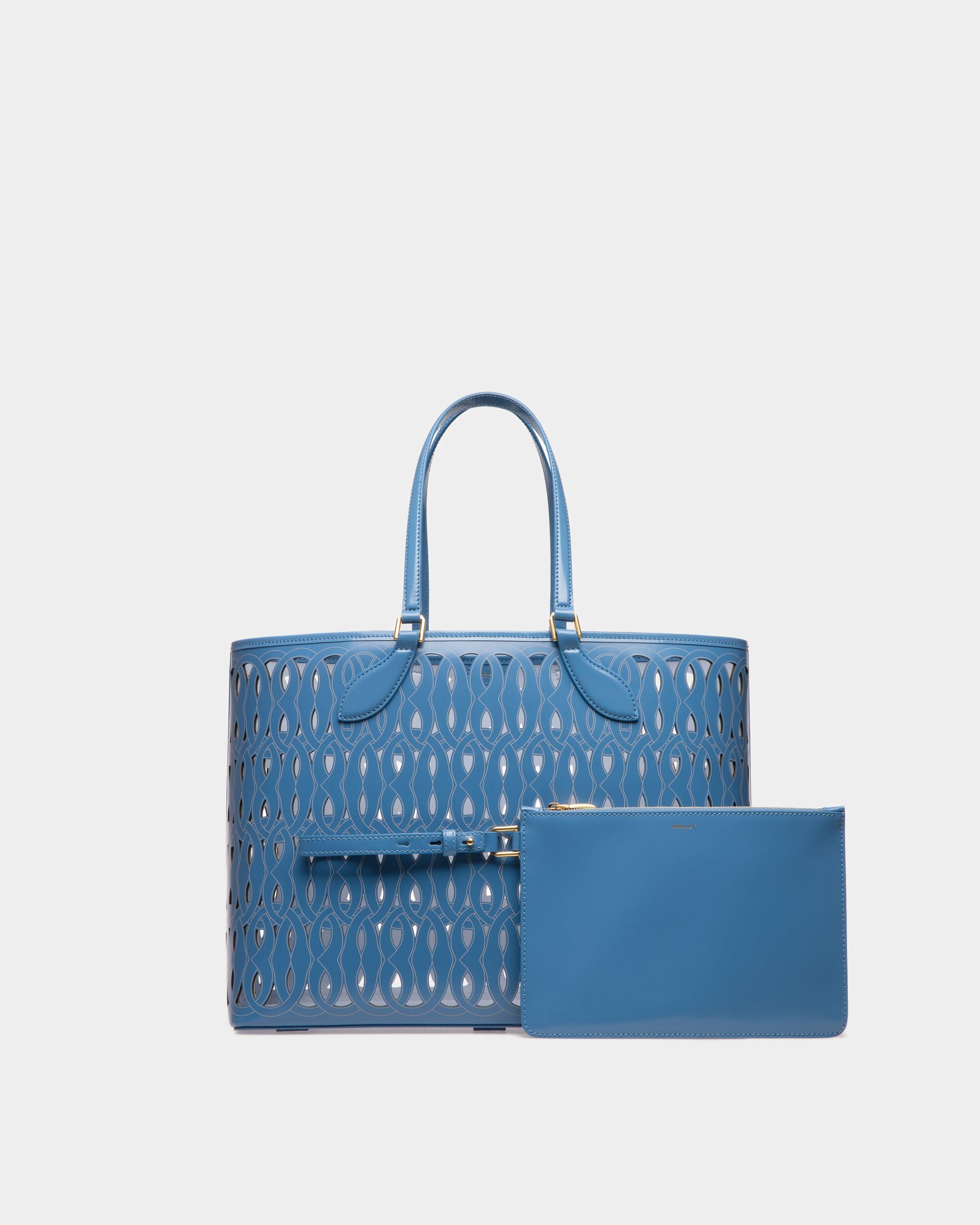 Lago | Women's Tote Bag | Blue Leather | Bally | Still Life Front