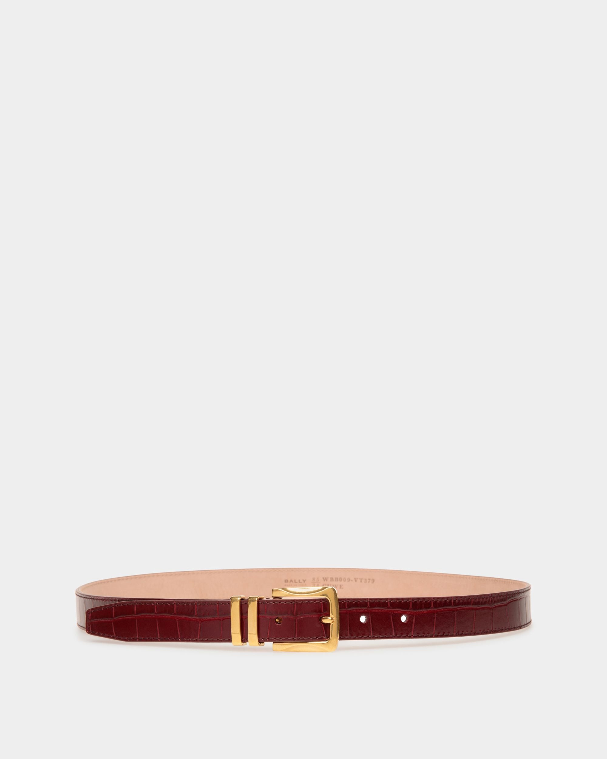 Curved | Women's Fixed Belt | Burgundy Leather | Bally | Still Life Front