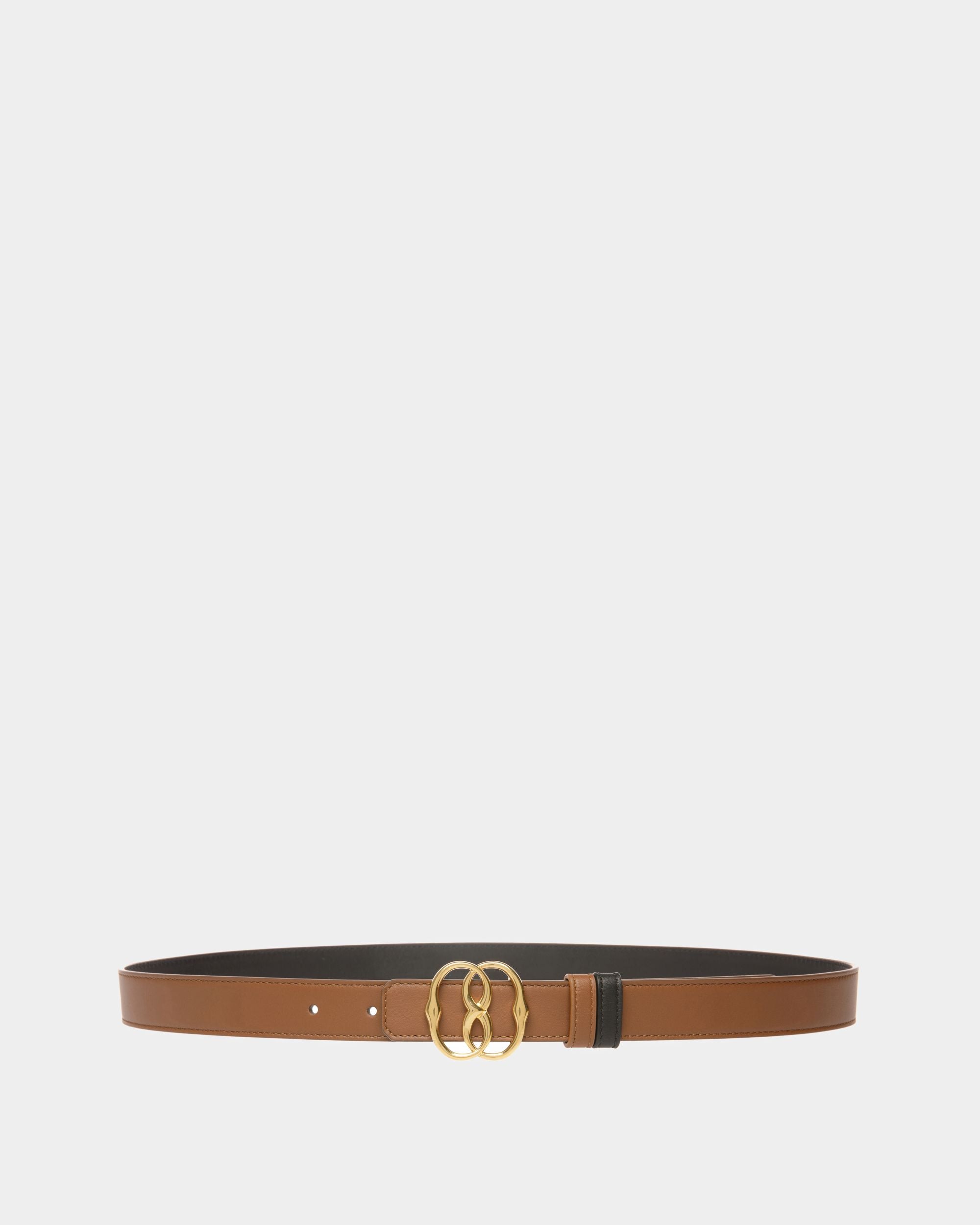 Emblem | Women's Fixed And Reversible Belt | Brown Leather | Bally | Still Life Front