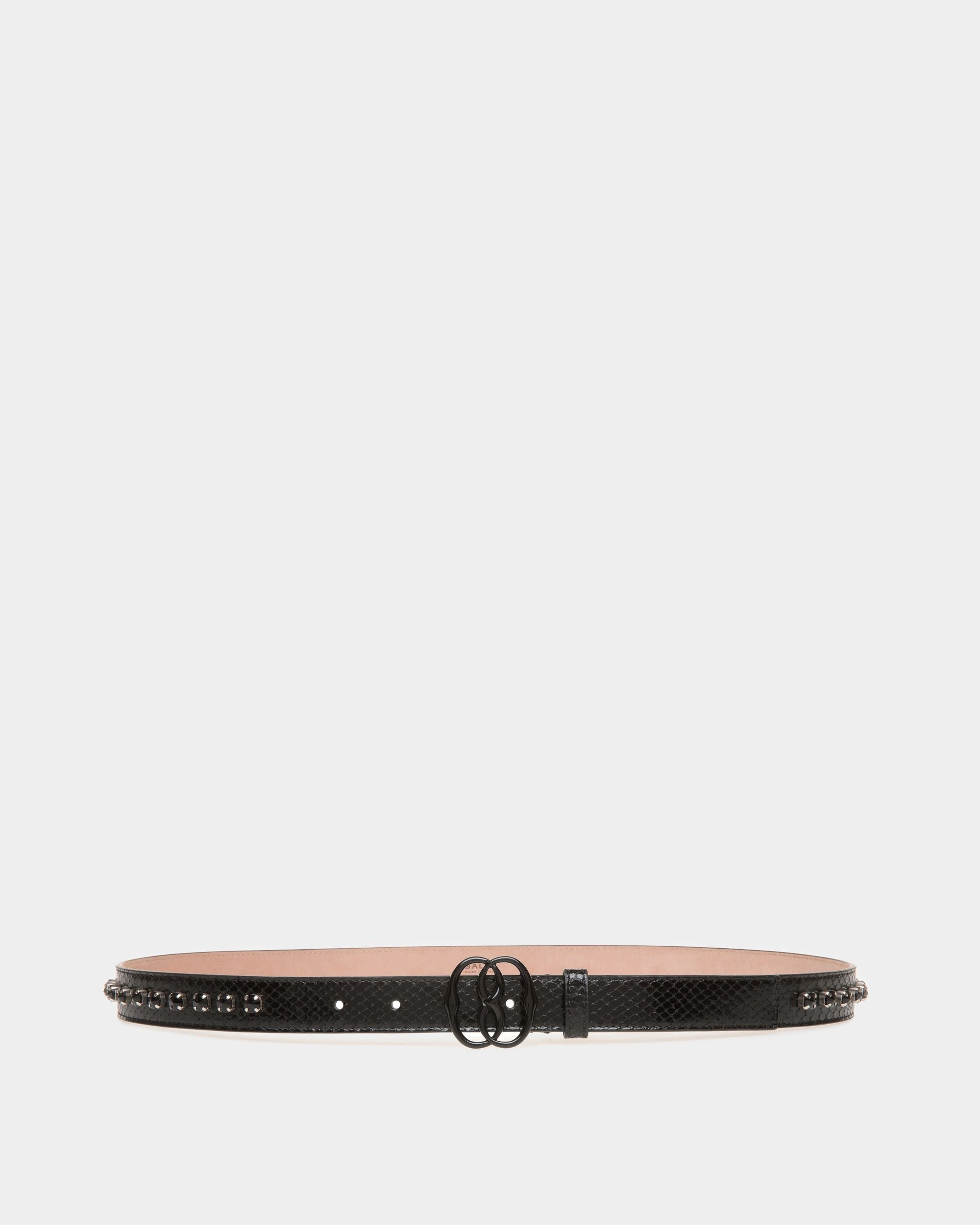 Emblem 25mm | Women's Belt in Black Python Printed Leather | Bally | Still Life Front