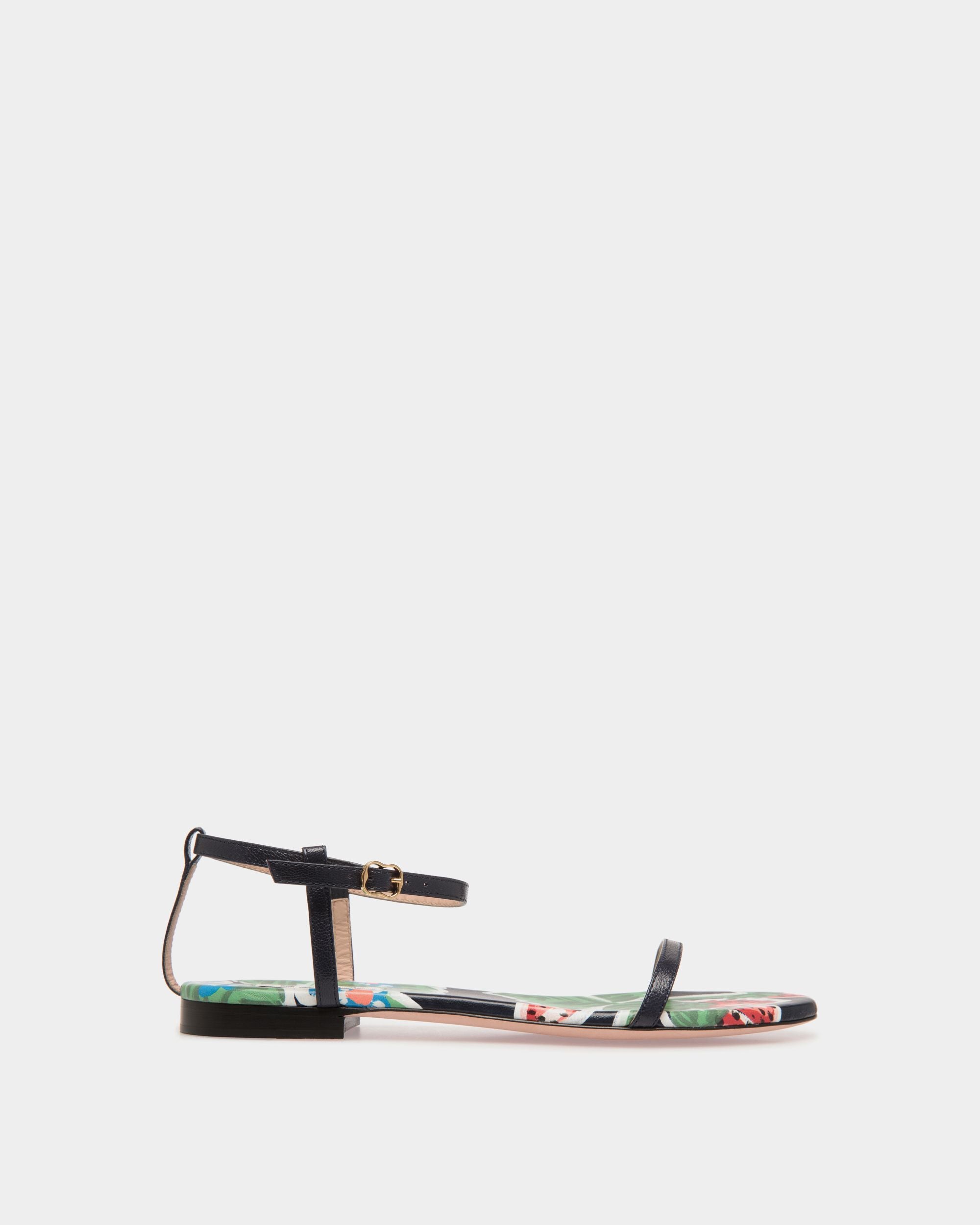 Katy | Women's Flat Sandal in Strawberry Print Brushed Leather | Bally | Still Life Side