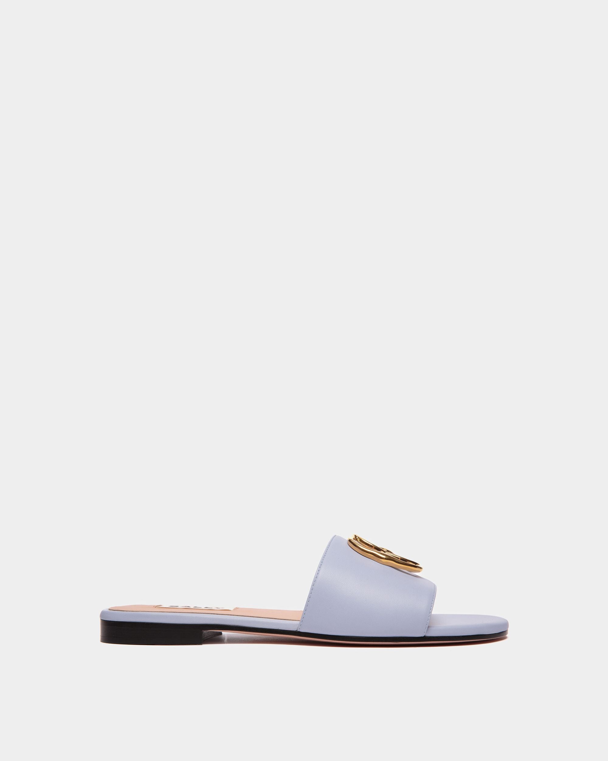 Emblem | Women's Flat Slide in Light Blue Nappa Leather | Bally | Still Life Side