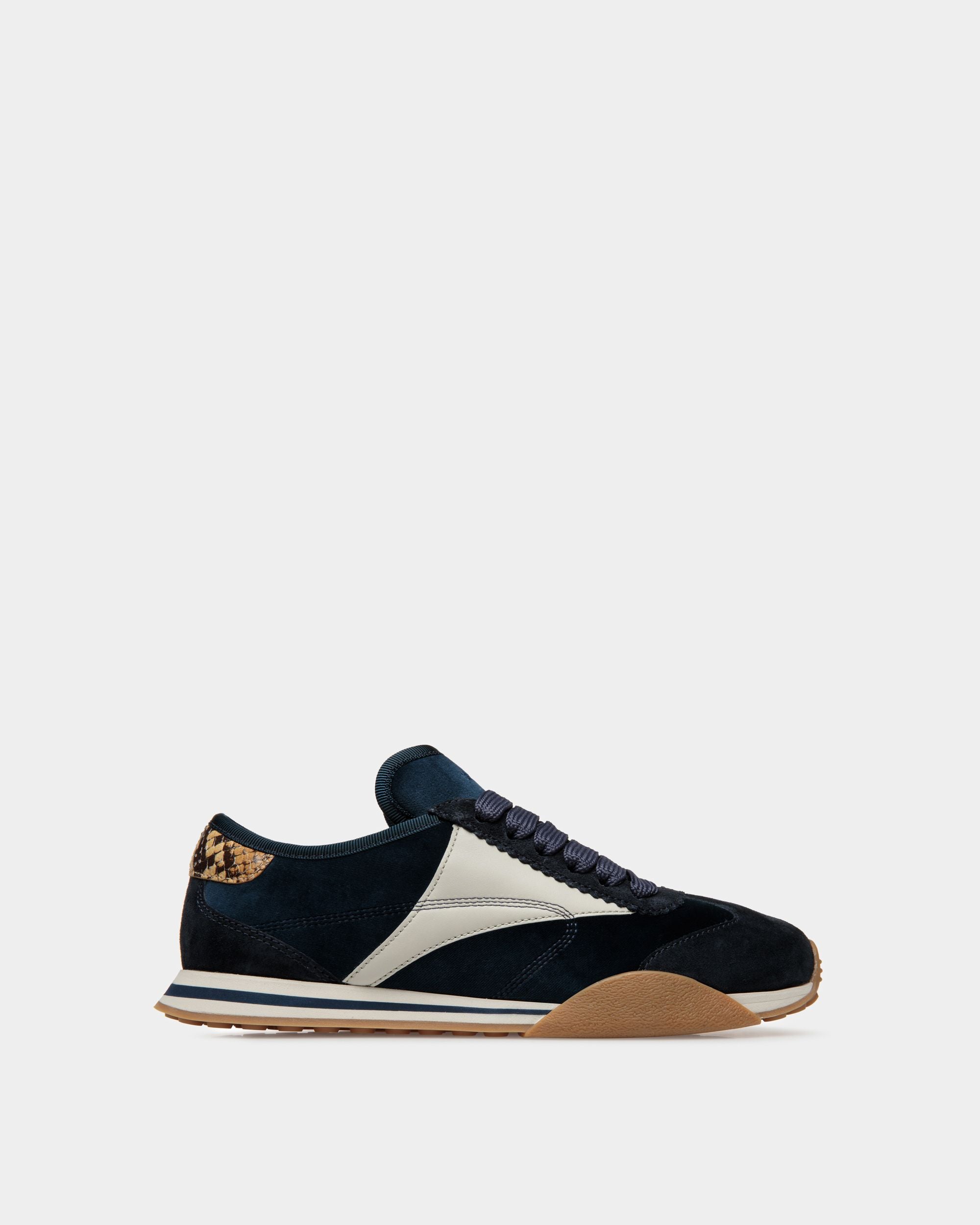 Sonney | Women's Sneakers | Midnight And Dusty White Leather And Cotton | Bally | Still Life Side