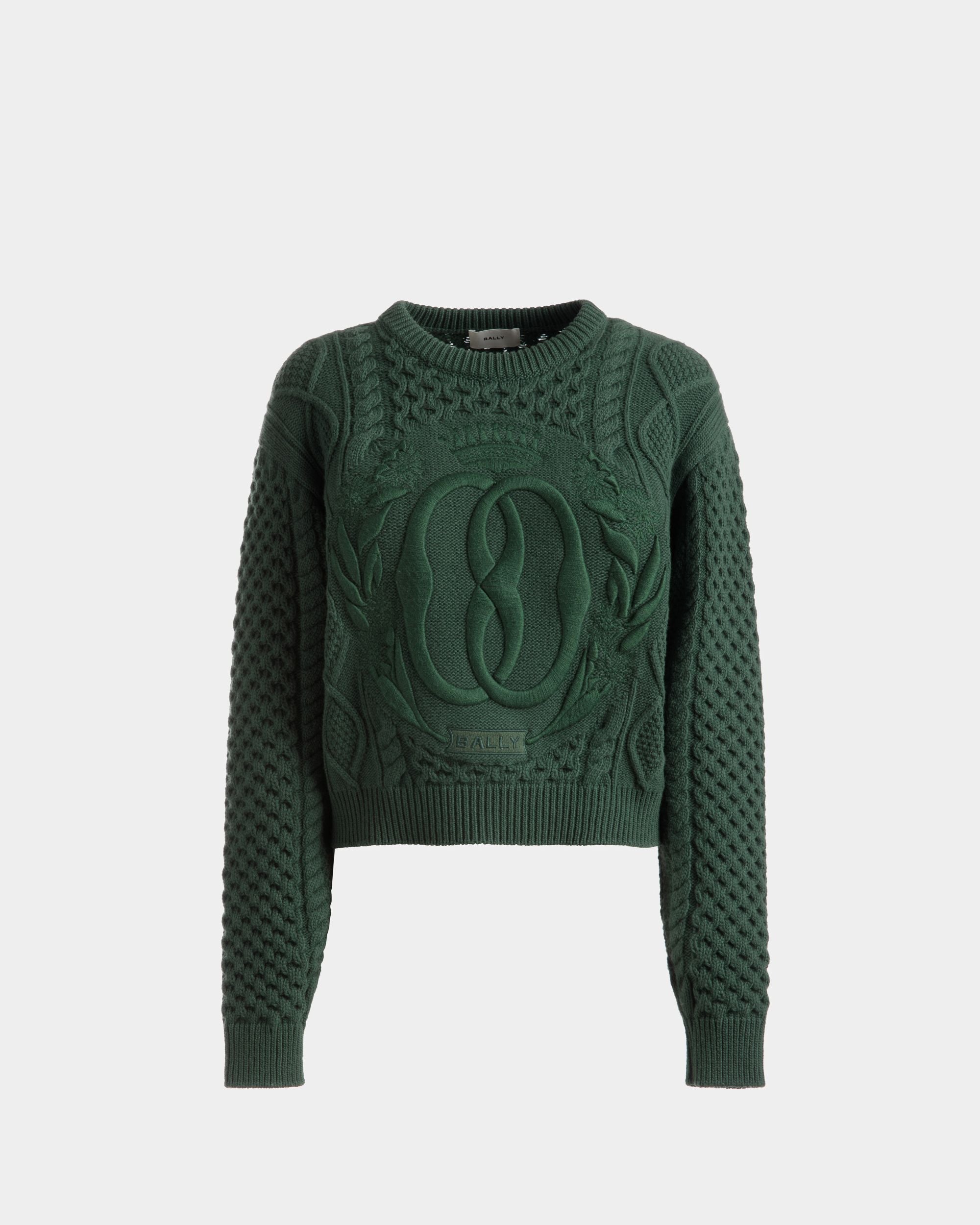 Cable Knit Crew Neck Sweater | Women's Sweater | Kelly Green Wool | Bally | Still Life Front