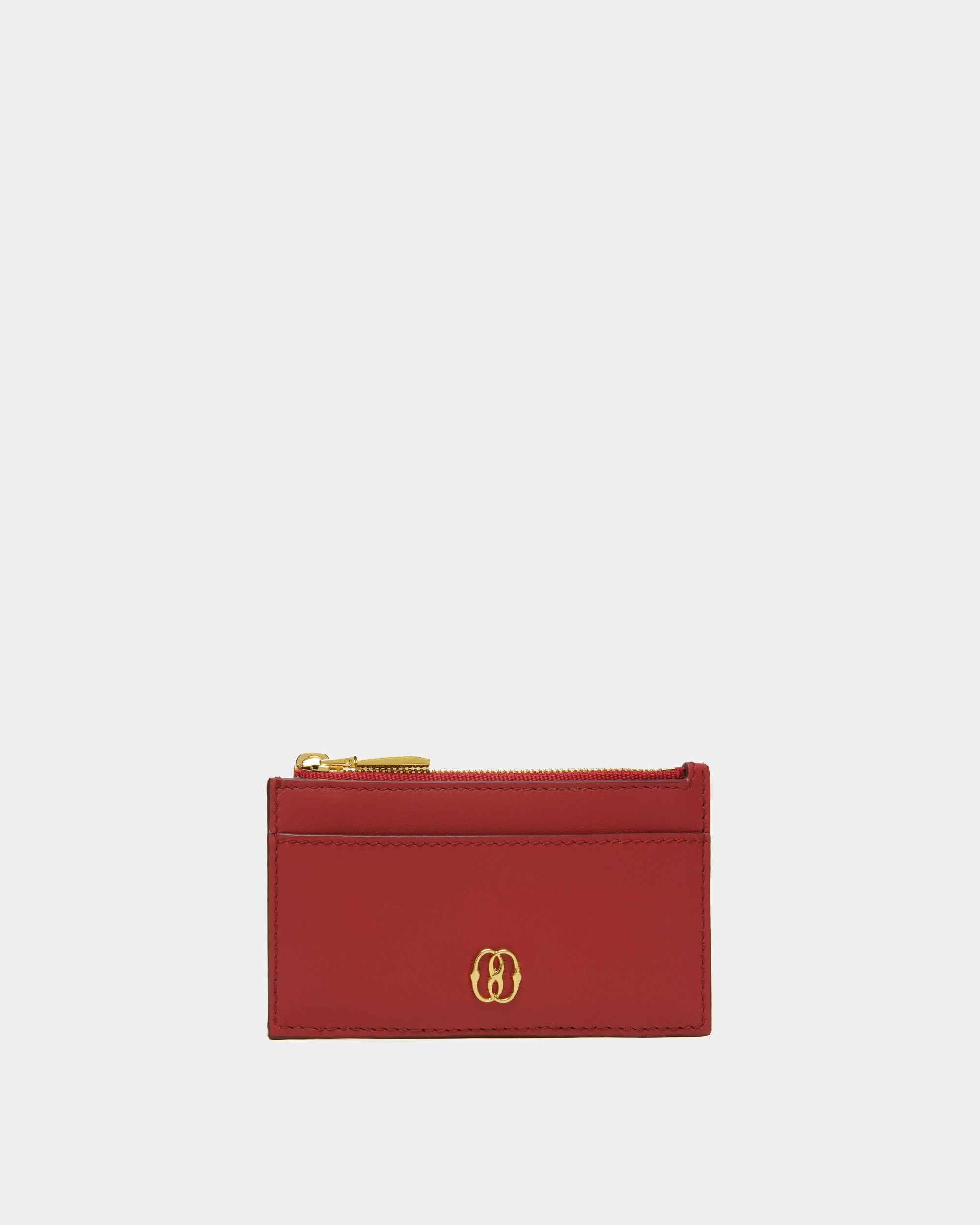 Emblem Zipped | Women's Business Card Holder | Deep Ruby Leather | Bally | Still Life Front