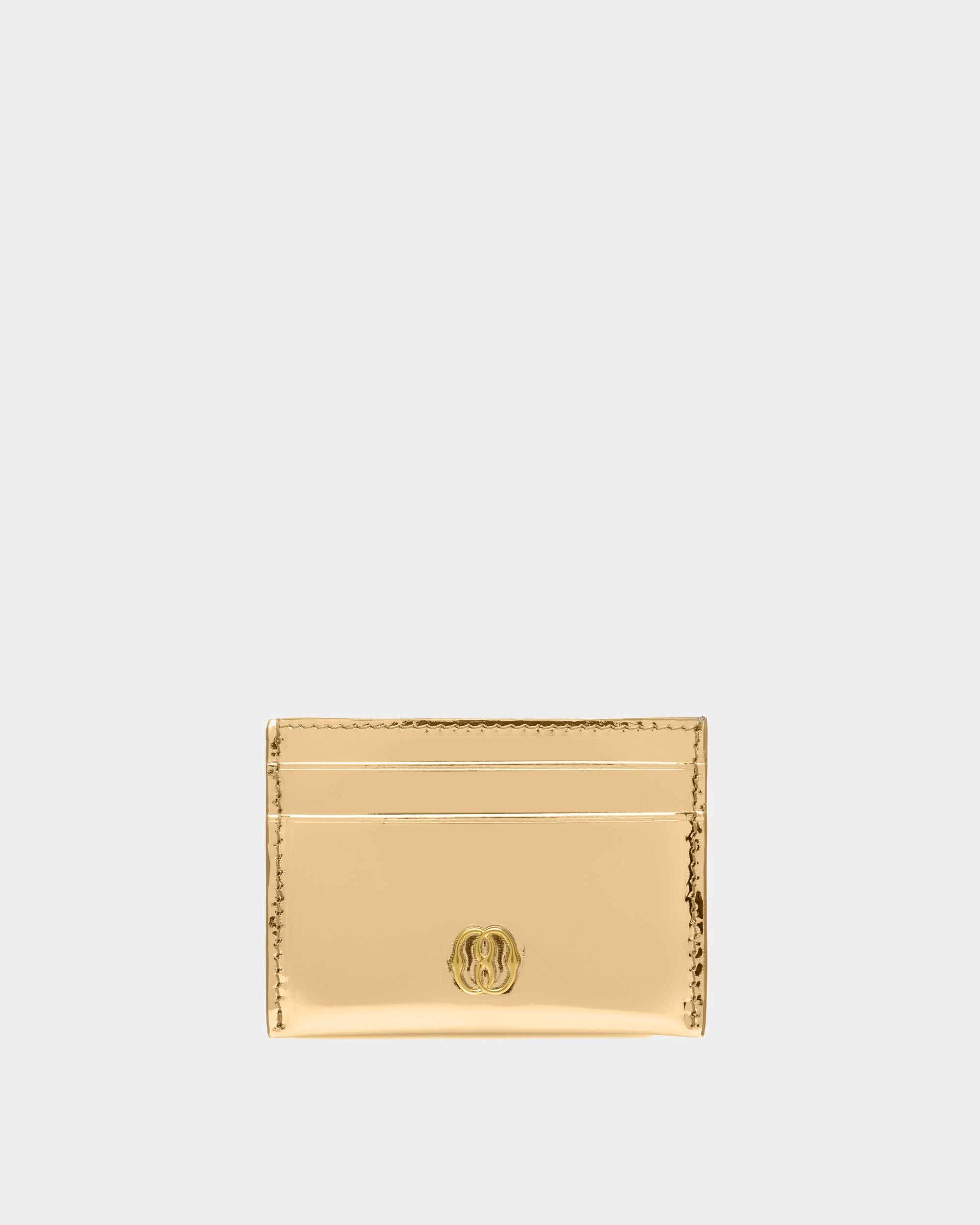 Emblem | Women's Business Card Holder | Gold Leather | Bally | Still Life Front